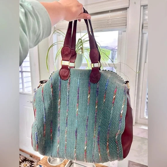 Vintage Hand Woven Leather Weekend Duffle Bag Teal Indie Hippie - Picture 3 of 8